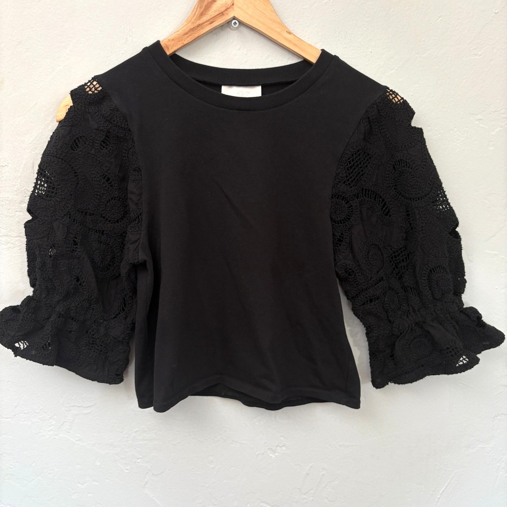 Cinq A Sept Carmine Embroidered Puff Sleeve Top Women Size XS Black